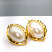 Vintage Marvella Oval Pearl Earrings, Gold Tone Framed Studs with Crystal Accent - £19.79 GBP