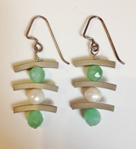 Sterling Silver Onyx Pearl Earrings Asian Handmade Green White Unique Pi... - $84.00