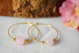 Rose quartz hoop earrings, Beaded gold plated hoop earrings, Gemstone hoop earri - £22.73 GBP