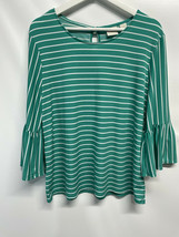 Chico&#39;s Knit Top Green Stripes 3/4 Bell Sleeve Career Casual EPOC 2 LG/12 - £17.68 GBP