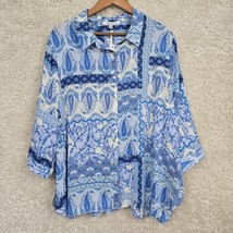 Rose Olive Top Women 2X Blue Button Up Long Sleeve Paisley Patchwork Lightweight - £27.88 GBP