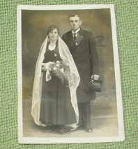 Vintage 1920s Wedding Photo Bride Groom Germany Black Dress Top Hat Veil B&amp;W - £1.43 GBP