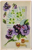 Postcard Best Wishes Pansies Shamrocks Fan - £1.09 GBP