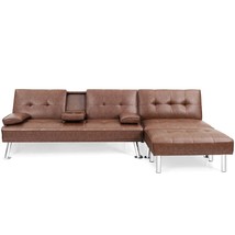 Giantex 3-Piece Sectional Sofa Set Convertible Futon w/Single Sofa&amp;Ottoman Brown - £1,161.04 GBP