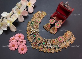 VeroniQ Trends-South Indian Gold Plated Kemp Stone Pachi Kundan Necklace- - £196.65 GBP