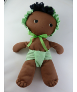 Kamar Cloth Baby Plush Rag Doll Brown w Green 9&quot; Tall in Bonnet &amp; Diaper - $22.73 CAD