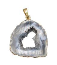 Gray Druzy Agate Crystal Slice Pendant Gold Tone Vintage - £13.79 GBP