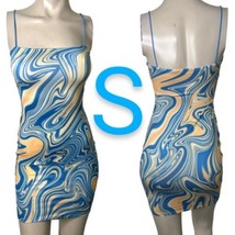 Blue &amp; Tan Marble Swirl Print Design Cami Stretchy Bodycon Mini Dress~Size S - £23.67 GBP