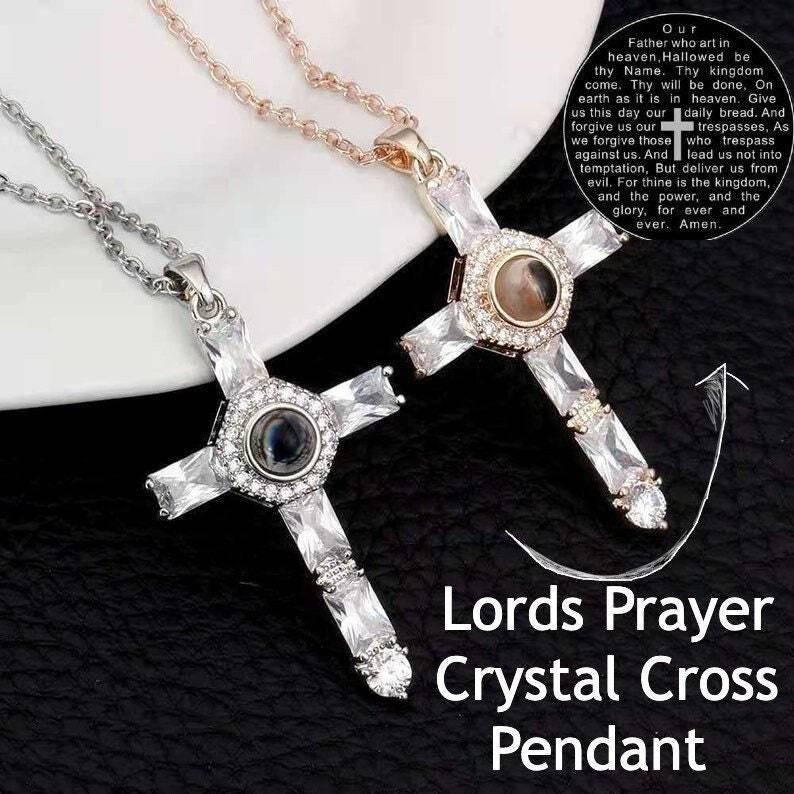 Prayer Crystal Cross Necklace | Silver Cross Projection Necklace | Prayer Cross
