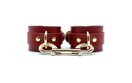 BDSM Red Leather Mona 2&quot; Wide Handcuffs lined with Red Suede &amp; Gold Hardware - £79.93 GBP