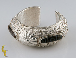 Sterling Silver Cuff Bracelet with Brown White Stones Vines Swirls &amp; Dragons - £690.47 GBP