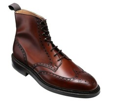 Maroon Red Color Full Brogue Toe Wing Tip Vintage Leather Lace Up Ankle Boots - £128.67 GBP+