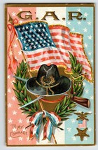 Decoration Memorial Day Postcard GAR US Flag Hat Rifle Wreath Patriotic Stars - £12.30 GBP