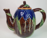 Majolica Tea Pot Pottery Ceramic Cobalt Blue Brown Leaf Noveau Stoneware... - $29.65