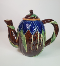 Majolica Tea Pot Pottery Ceramic Cobalt Blue Brown Leaf Noveau Stoneware Leaves - £23.32 GBP