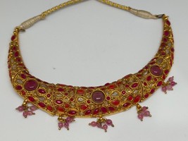 Simulated Ruby and Polki Gold Plated Necklace - £37.83 GBP