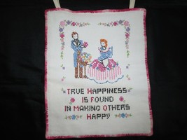 TRUE HAPPINESS Verse CROSS STITCH Lined Tie-On Panel  - 10 3/4&quot; x 13&quot; - $20.00
