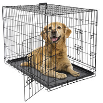 36&quot; Dog Crate Kennel Folding Metal Pet Cage 2 Door With Tray Pan Black - £65.52 GBP