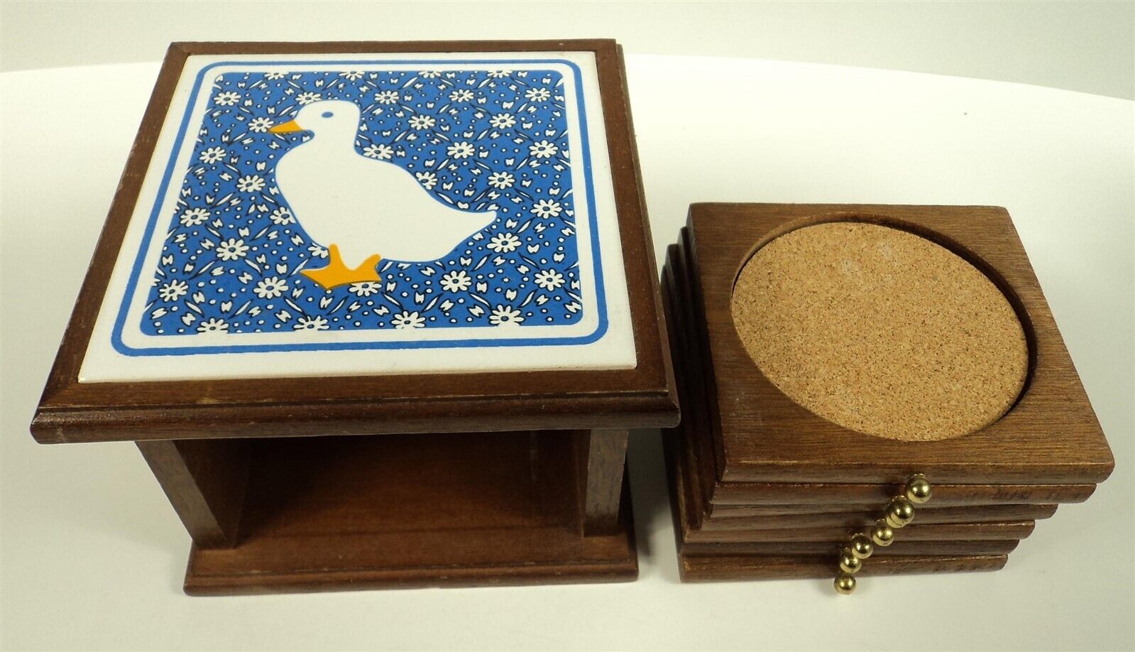 Lot of 7 Wood/Cork Coasters with Duck Tile Trivet Holder - $12.59