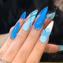 Preppy Blue Press On Nails Medium Stiletto Hand Painted with Rhinestones... - $27.99