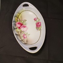 Vintage Bavaria Small Oval Dish Hand Painted Pink Flowers w/Handles Gold... - £8.99 GBP