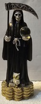 Grim Reaper Santa Muerte Owl Ball Money Scythe Fantasy Figurine Statue Black - £18.78 GBP