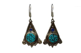 Tribal Ethnic Earrings, Bohemian Tibetan Earrings, Turquoise and Lapis Stones - £17.22 GBP