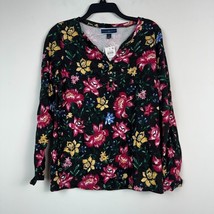 Karen Scott Womens S Deep Black Floral Long Sleeve Henley Top NWT A52 - $19.59