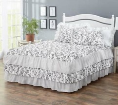 American Home Triple Ruffle Bedspread Valley Tolle/Black And White Queen Set - £41.66 GBP