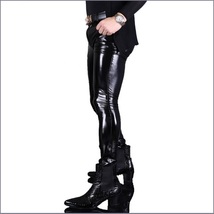 Custom Men's BLACK Skin Tight "Wet Look" Zip Up Stretch Faux Latex Leather Pants image 2