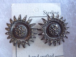 Vintage Oxidized Sterling Silver Marcasite Sunflower Post Earrings - £38.98 GBP