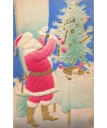 SANTA CLAUS RED SUIT-DECORATING TREE~1910s AIR BRUSHED EMBOSS CHRISTMAS ... - £11.30 GBP
