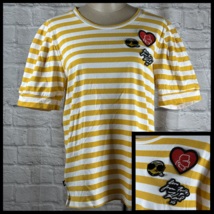 Karl Lagerfeld Paris Women&#39;s Large Yellow Striped T-shirt Embroidered Pa... - $24.74