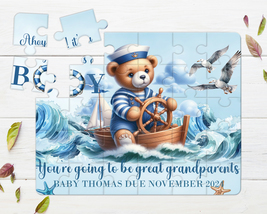 Ahoy It's a Boy, Bear Sailing, 30pce Wooden Puzzle, Baby Announcement - £28.67 GBP