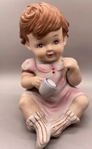 Bisque Girl Piano Baby With Coffee Tea Cup 7in Pink Dress Vintage UCGC Foil Stkr - £21.51 GBP