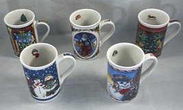 Set of 5 Christmas Tall Cups/Mugs 4.5&quot; Teddy Snowman Ballarena - £18.27 GBP