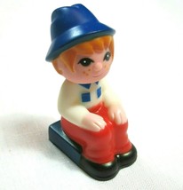 Vintage Taiwan Rubber Squeeze Toy 3&quot; Freckled Boy Sitting Figure with Blue Hat - £11.87 GBP