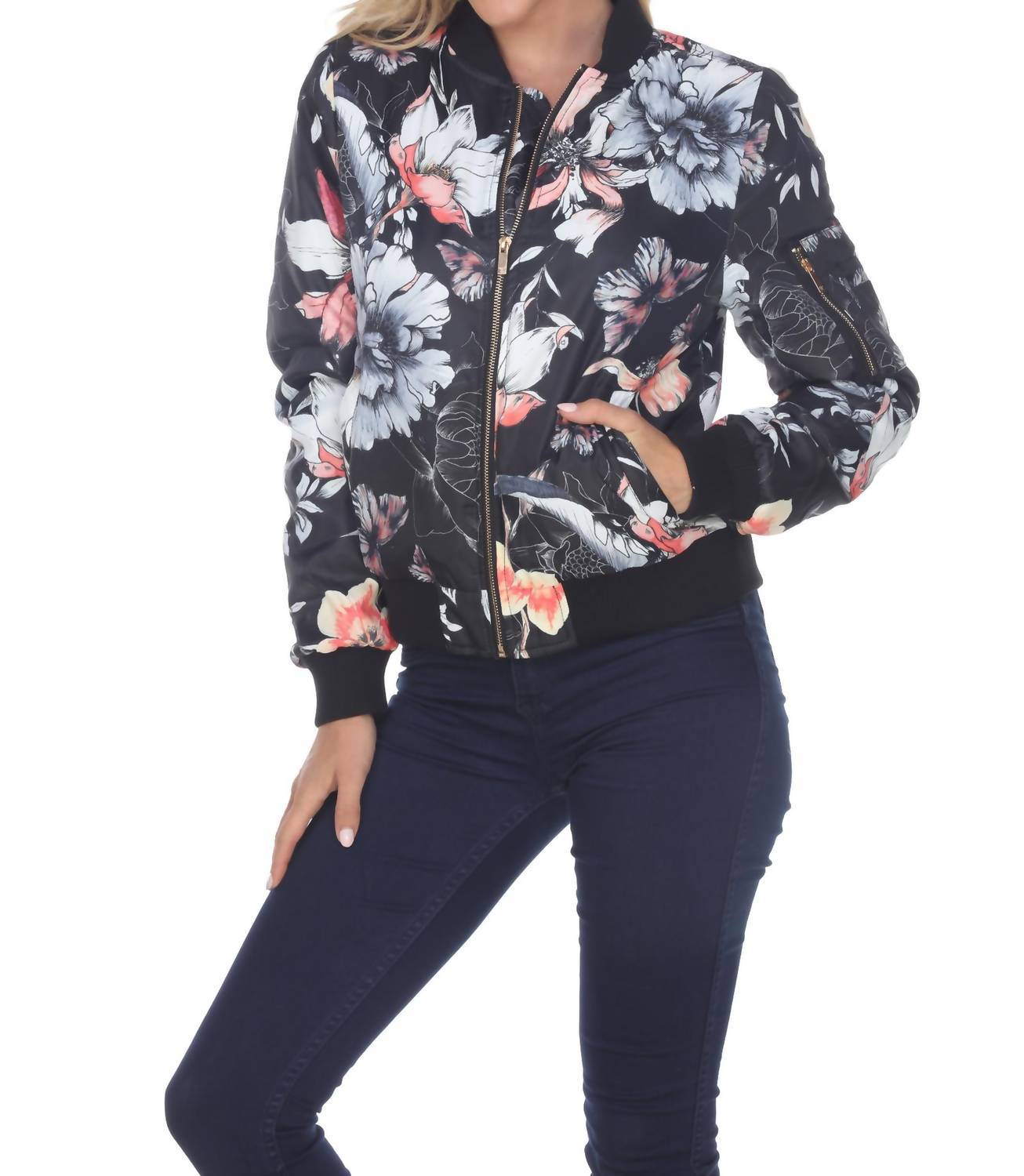White Mark floral bomber jacket in Black