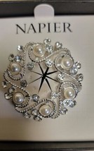 NAPIER  Silver Tone Circular Wreath Faux Pearls &amp; Rhinestones Brooch Pin Signed - £18.94 GBP