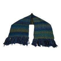 Hand Crochet Striped Blue And Green Yarn Boho Scarf With Fringe 12”x56” Granny - £22.41 GBP
