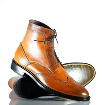 Handmade Men Tan Brown Leather Wing Tip Brogue Up Boots, Men Ankle Fashion Boots - £128.50 GBP