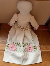 Handmade Repurposed Pillow Case Cream Stuff Folk Art Doll w Embroidered Pink Flo - £11.88 GBP