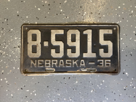 Vintage 1936 Nebraska Black &amp; Silver License Plate 8-5915 Hall County Or... - $45.32 CAD