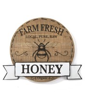 Honey Bee Wall Plaque Sign 18.9" Long Wood & Metal Round Farm Fresh Organic