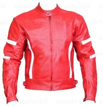 New Men&#39;s Red White Stripes Motorcycle Cowhide Leather Jacket Safety Pad... - $161.99+