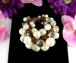 Faux Pearl &amp; Crystal Bead Bracelet Vintage Beaded Elastic Stretch Copper Links - £17.76 GBP