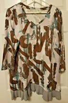 Logo Lounge Brown/Aqua Abstract V Neck Blouse Size Large French Ruffle   - $12.61