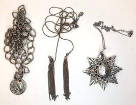 Lot of 3 Mixed Material Necklaces Mostly Silver Tone Coin Statement Tassel - £7.05 GBP