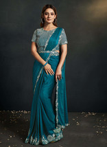 Beautiful Blue Sequence Embroidery Wedding Saree With Cape - £91.81 GBP