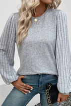 Gray Contrast Ribbed Bishop Sleeve Top - $10.24